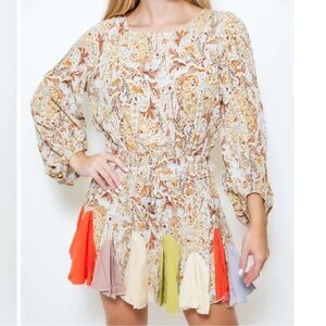 Main Strip Cream Paisley Flounce Skirt Boho Peasant Mini Dress with undershorts